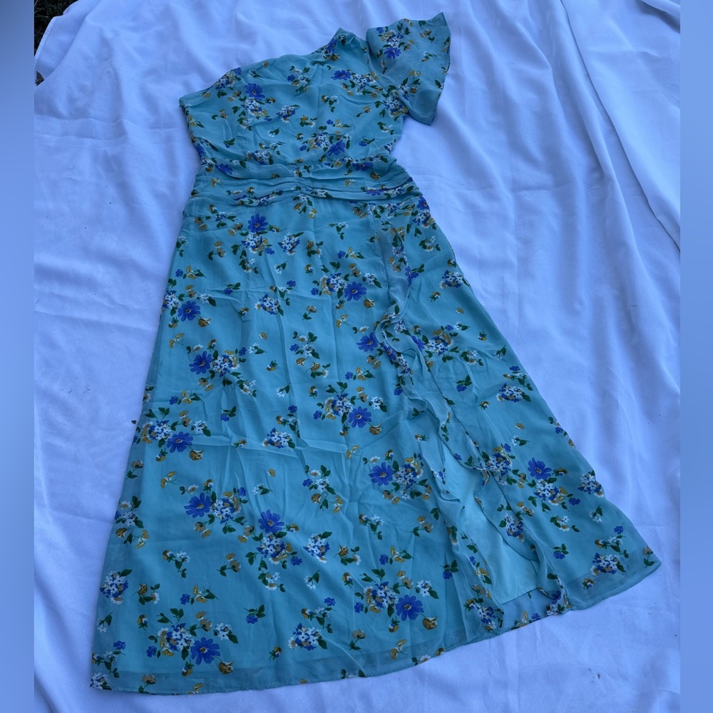 Vintage Cottage core Asymmetrical Womens  Medi Dress Blue Floral 
size L